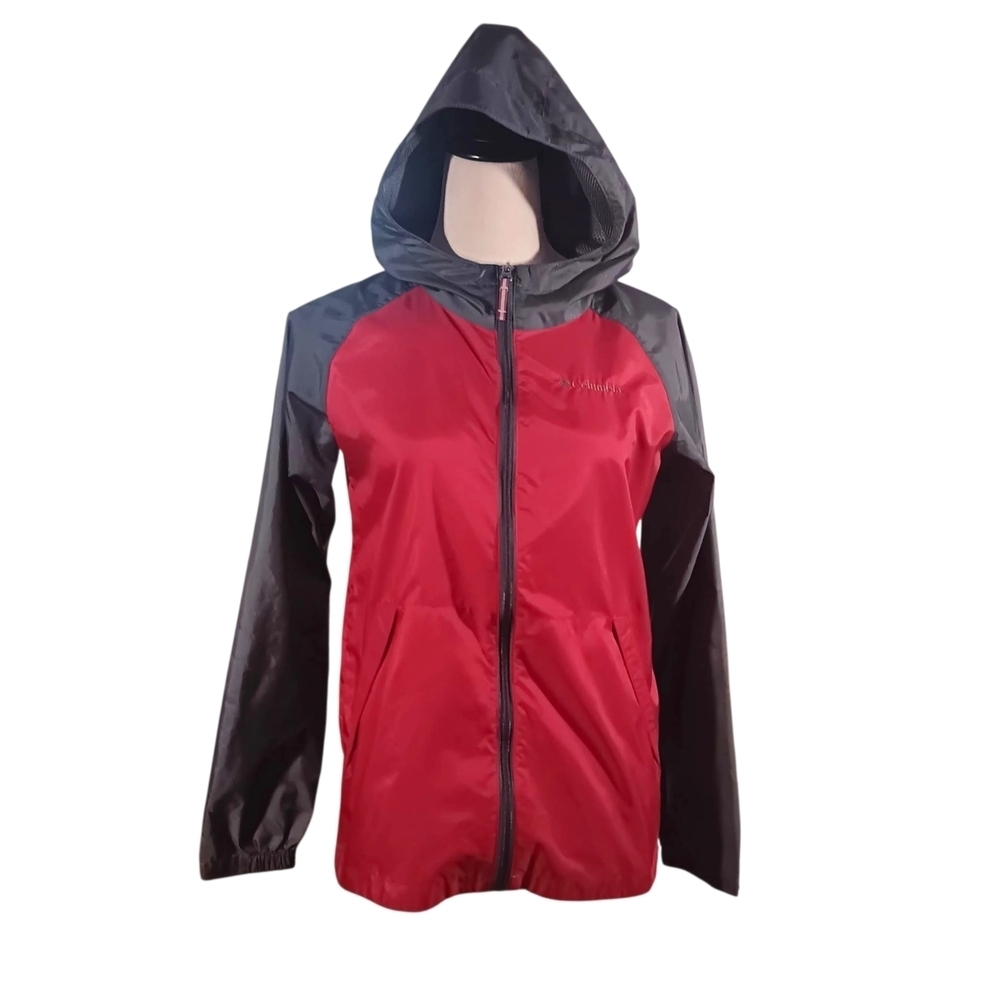 Columbia Lightweight Hooded Rain Jacket Windbreaker Red &Black Kids Large 14/16